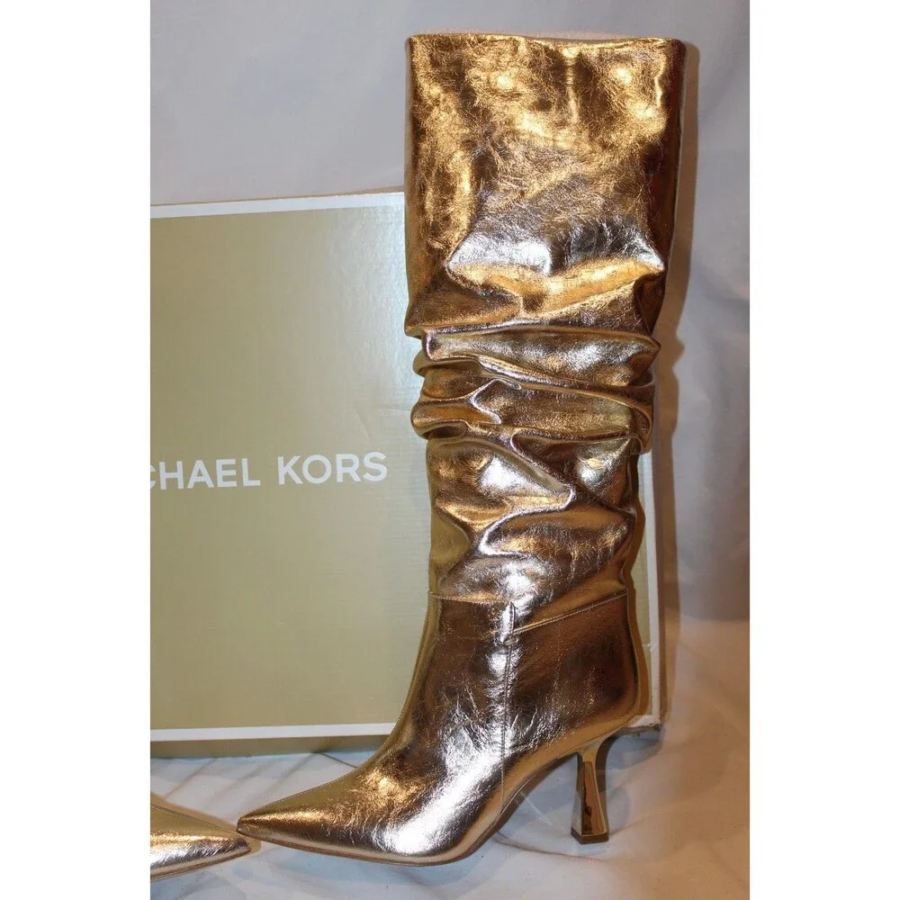 Michael Kors Women's Cracked Metallic Leather Tall Boots Gold NIB SZ 8